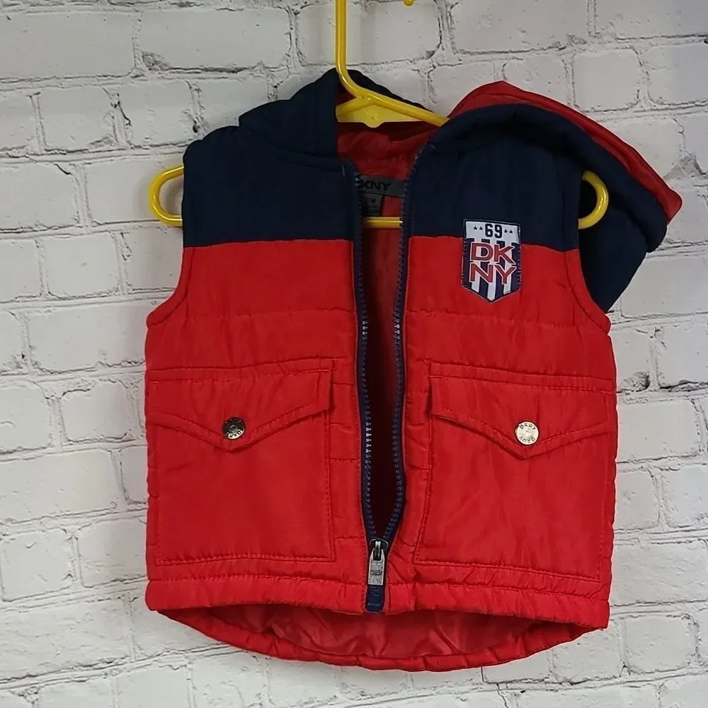 DKNY Red & Blue Winter Vest Hoodie Puffer Jacket Boys 12M Sleeveless Coat Baby
